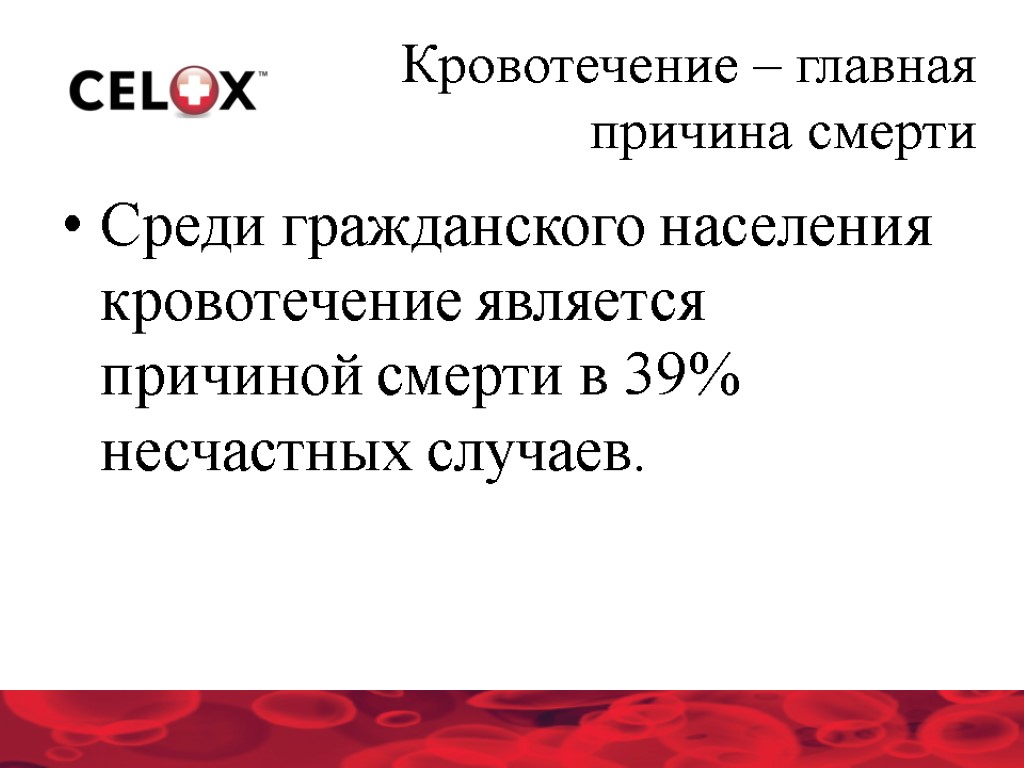 Кровотечение – главная причина смерти Среди гражданского населения кровотечение является причиной смерти в 39%